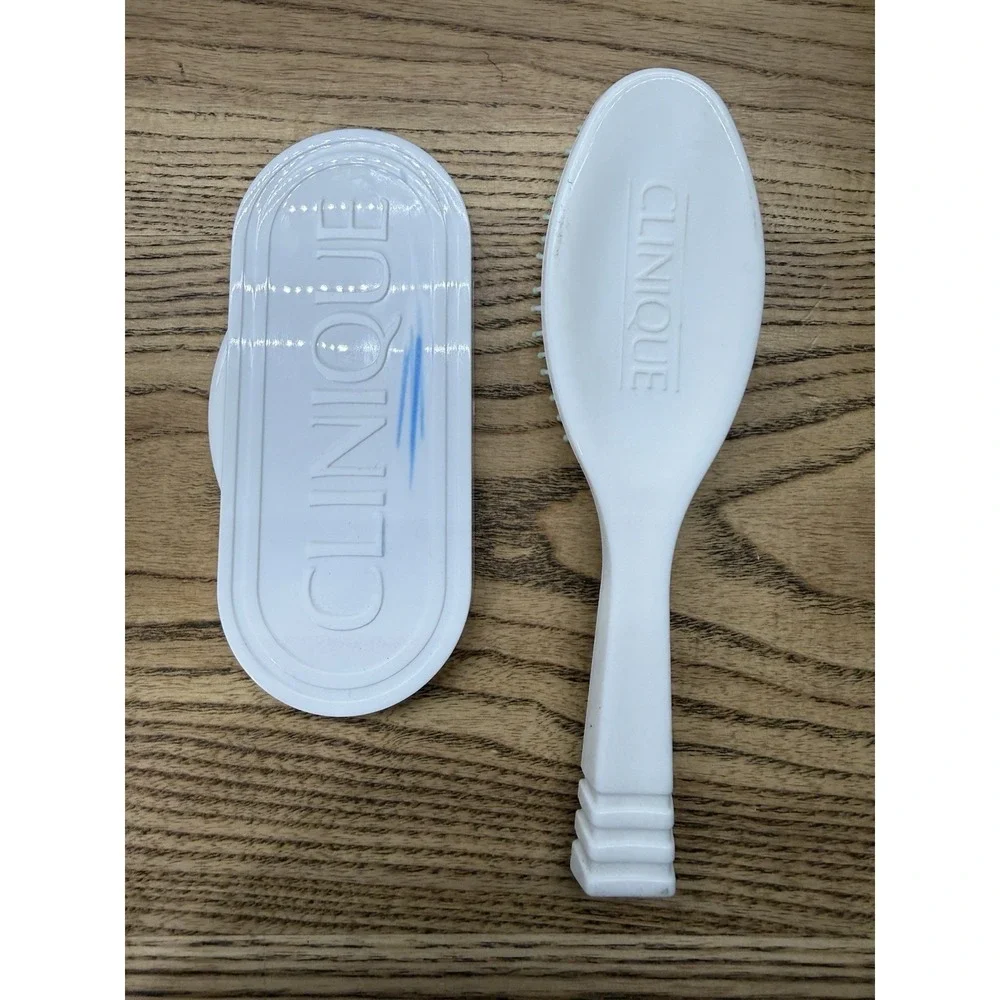 Vtg CLINIQUE Set of 3 Travel Hair Comb Mirror & Brush White W/ Holder
